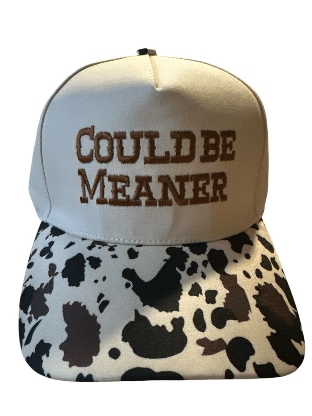 Zenana Outfitters Cream and Brown "Could Be Meaner" Cow Print Trucker Hat